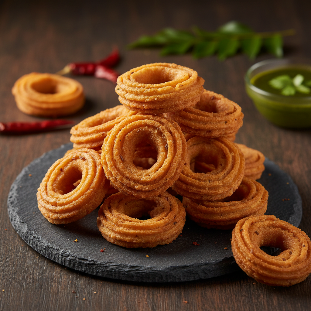 Crispy golden ring-shaped Goduma Chekodi wheat snacks on a dark stone plate