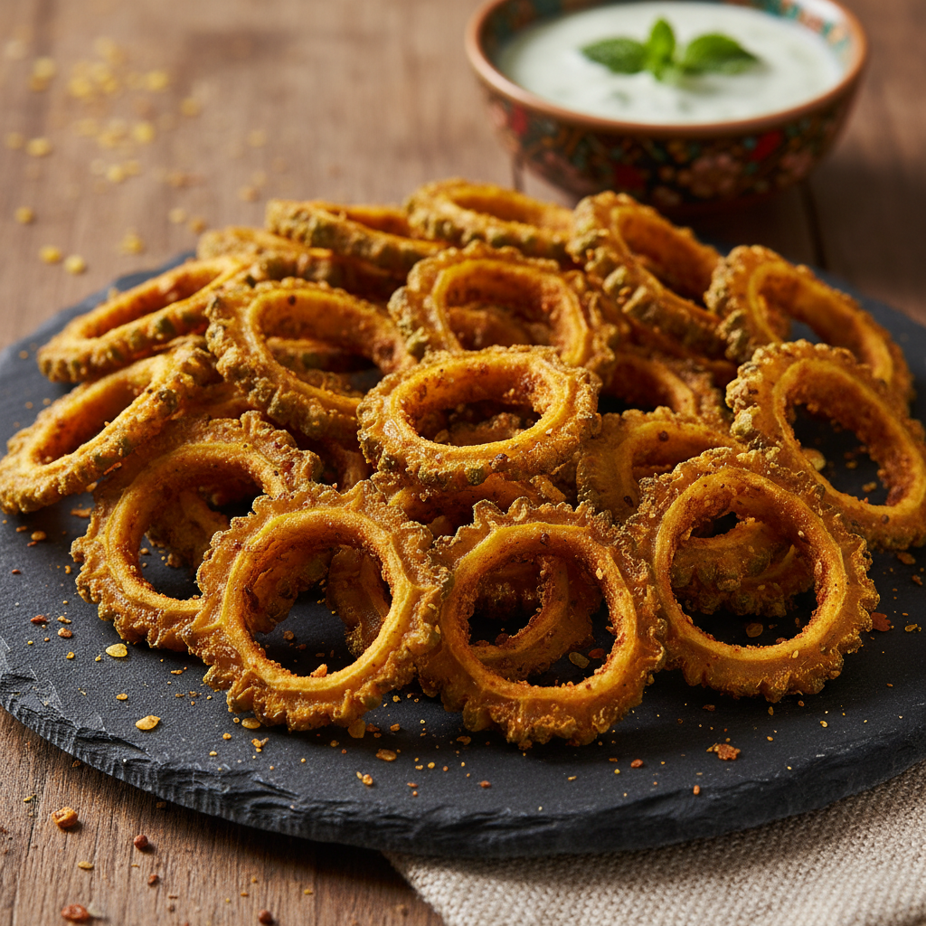 Crispy fried bitter gourd rings seasoned with spices