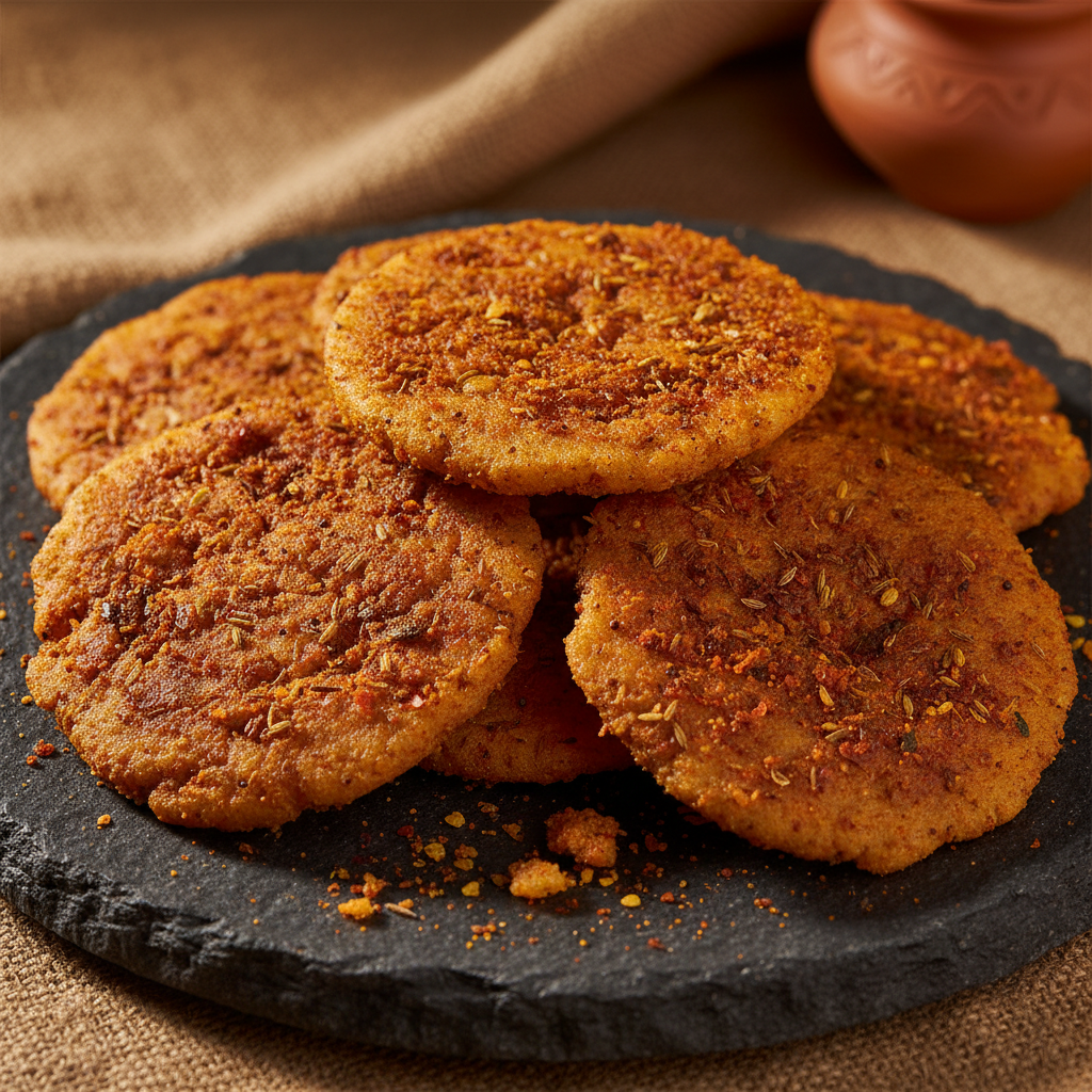 Crispy spicy Karam Apparu Telugu rice flour snacks on a dark stone plate
