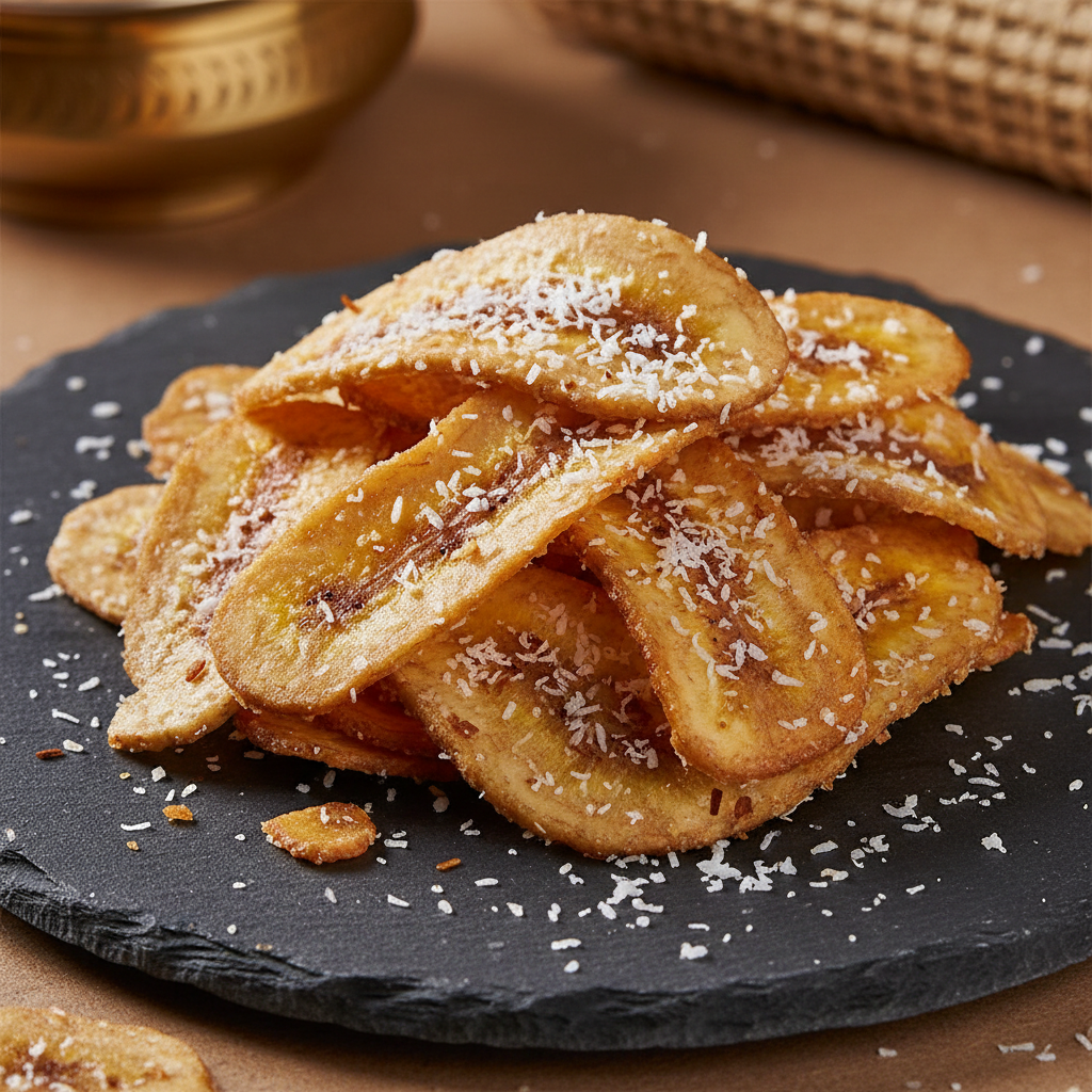 Crispy golden Coconut Banana Chips with coconut flakes on a dark stone plate