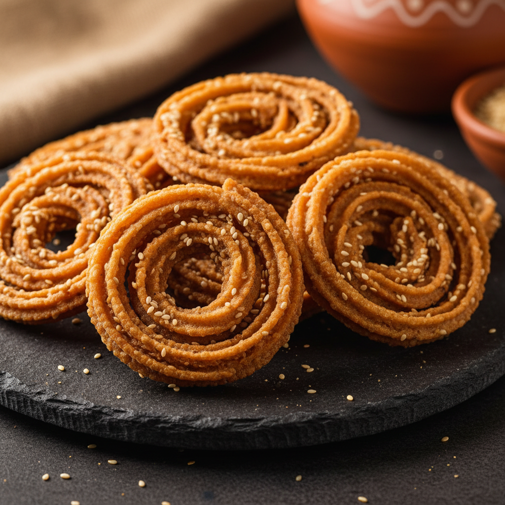 Crispy golden spiral Murukulu Jantikalu Telugu snacks on a dark stone plate
