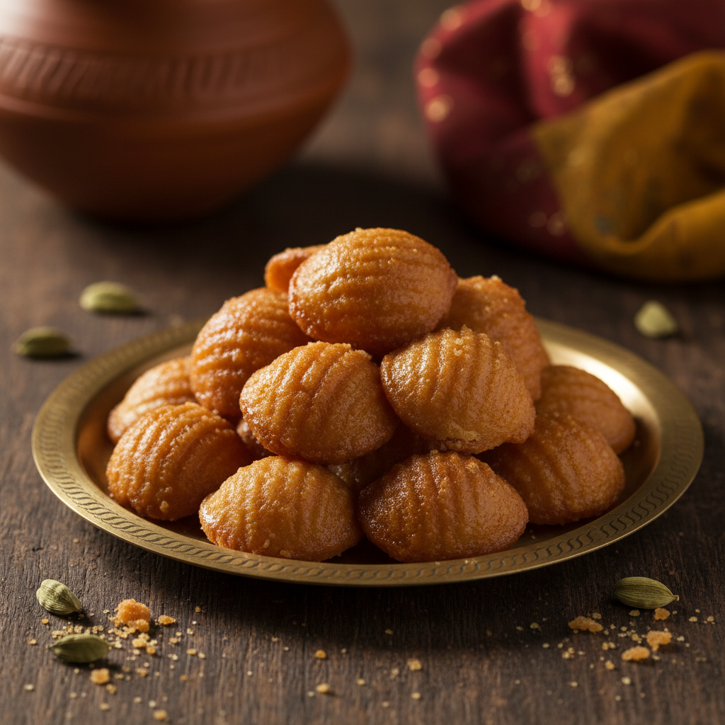 Golden shell-shaped Ghee Bellam Gavvalu Telugu sweets on a brass plate