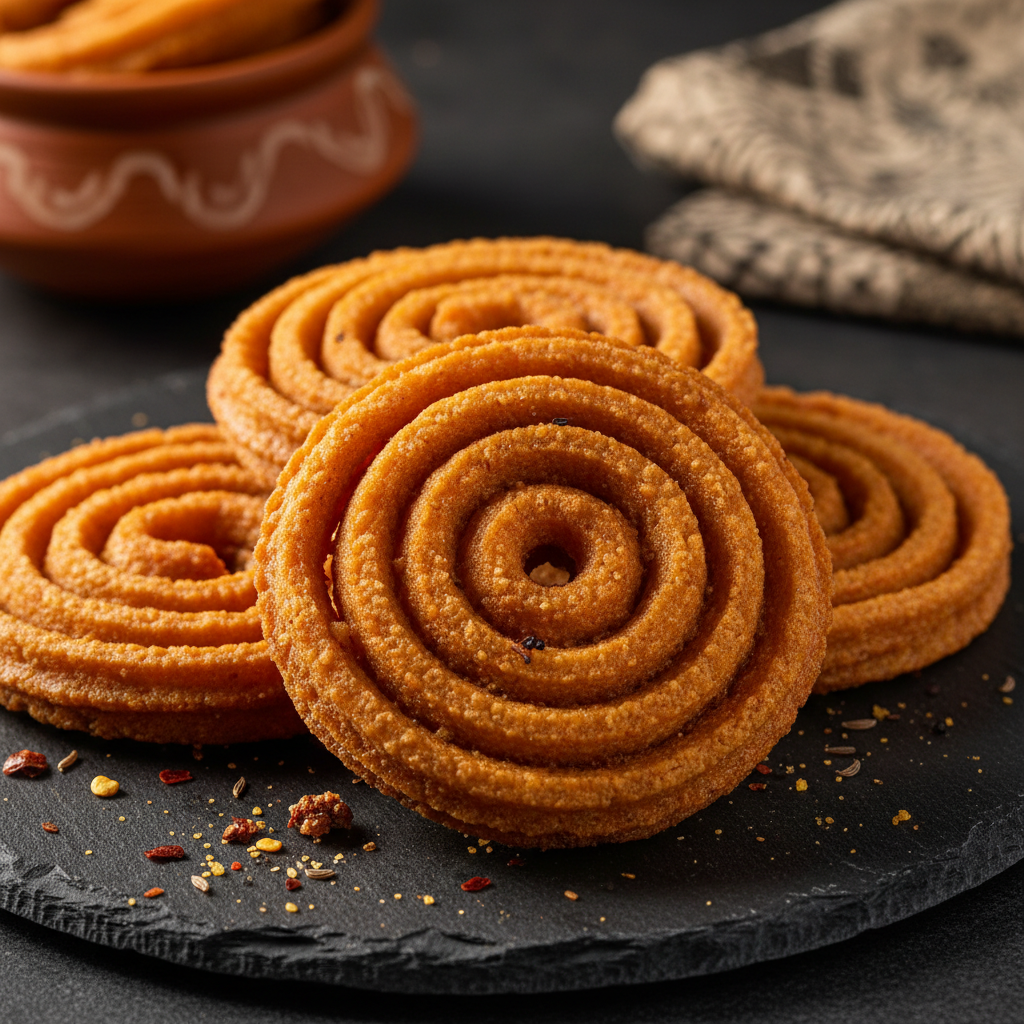 Crispy golden spiral Butter Jonna Murukulu corn flour snacks on a dark stone plate
